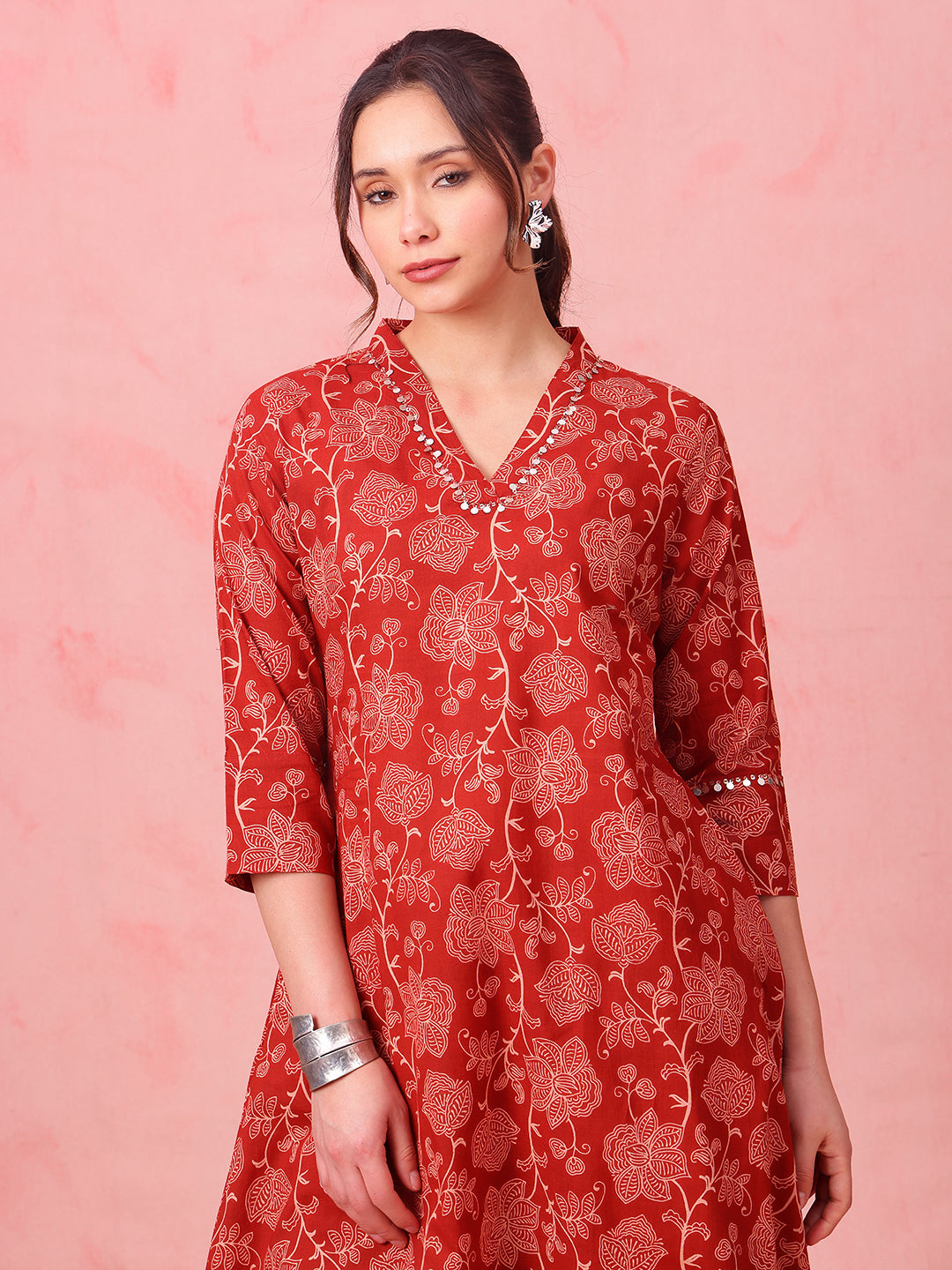 Rust Floral A-Line Cotton Stitched Kurta With Palazzo