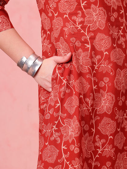Rust Floral A-Line Cotton Stitched Kurta With Palazzo