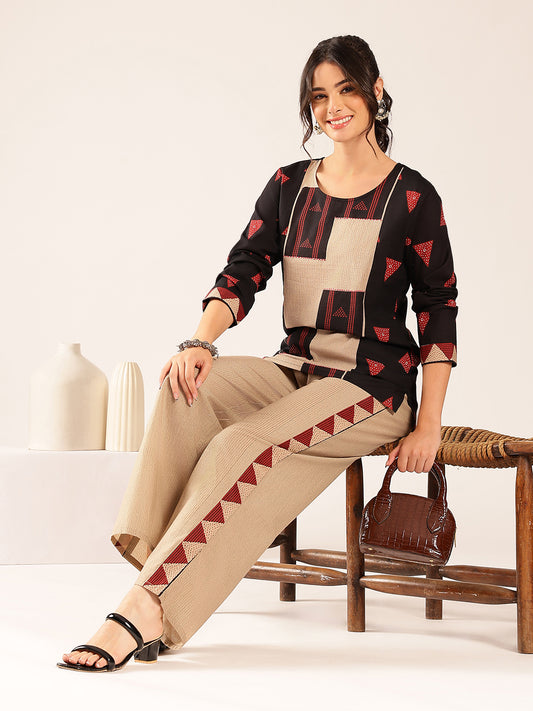 Black Geometric A-Line Cotton Stitched Co-Ord Set