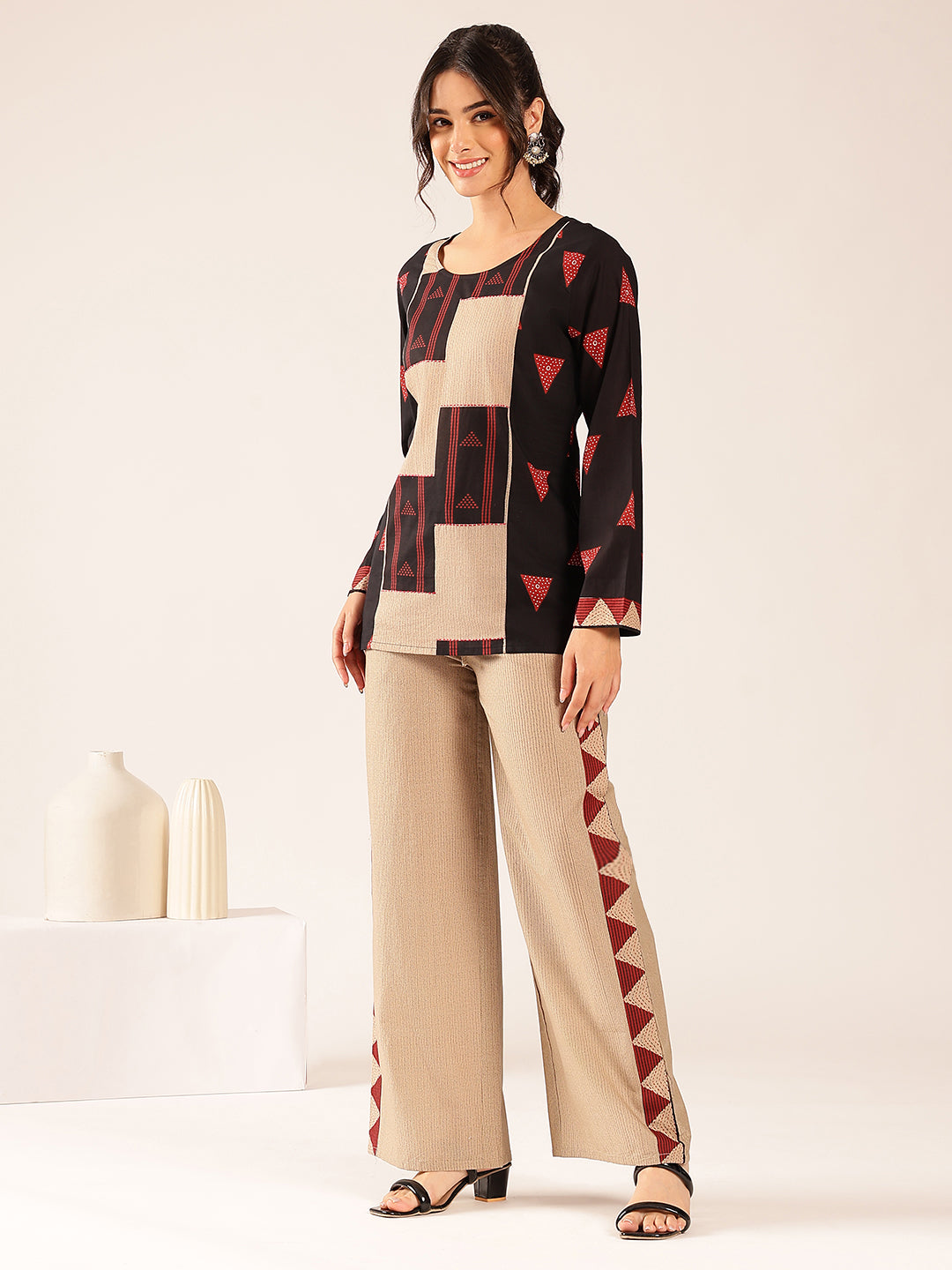Black Geometric A-Line Cotton Stitched Co-Ord Set
