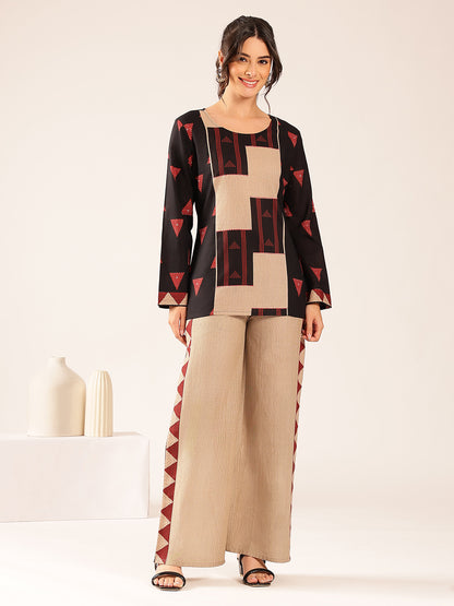Black Geometric A-Line Cotton Stitched Co-Ord Set