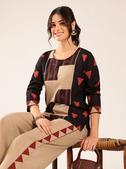 Black Geometric A-Line Cotton Stitched Co-Ord Set