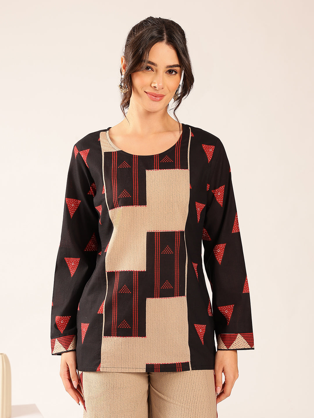 Black Geometric A-Line Cotton Stitched Co-Ord Set