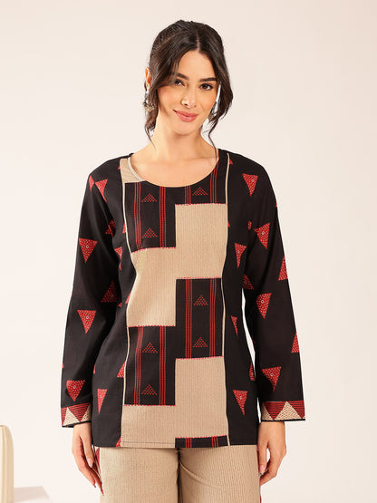 Black Geometric A-Line Cotton Stitched Co-Ord Set