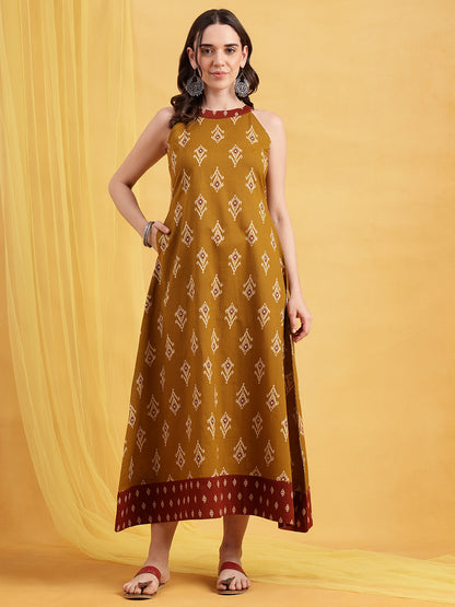 Mustard Geometric Fit & Flare Cotton Stitched Dress