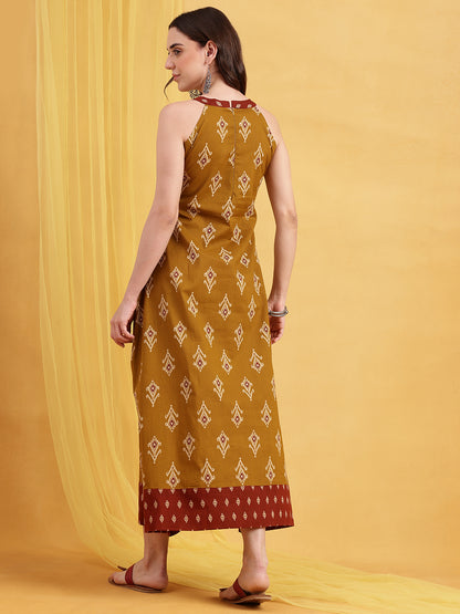 Mustard Geometric Fit & Flare Cotton Stitched Dress