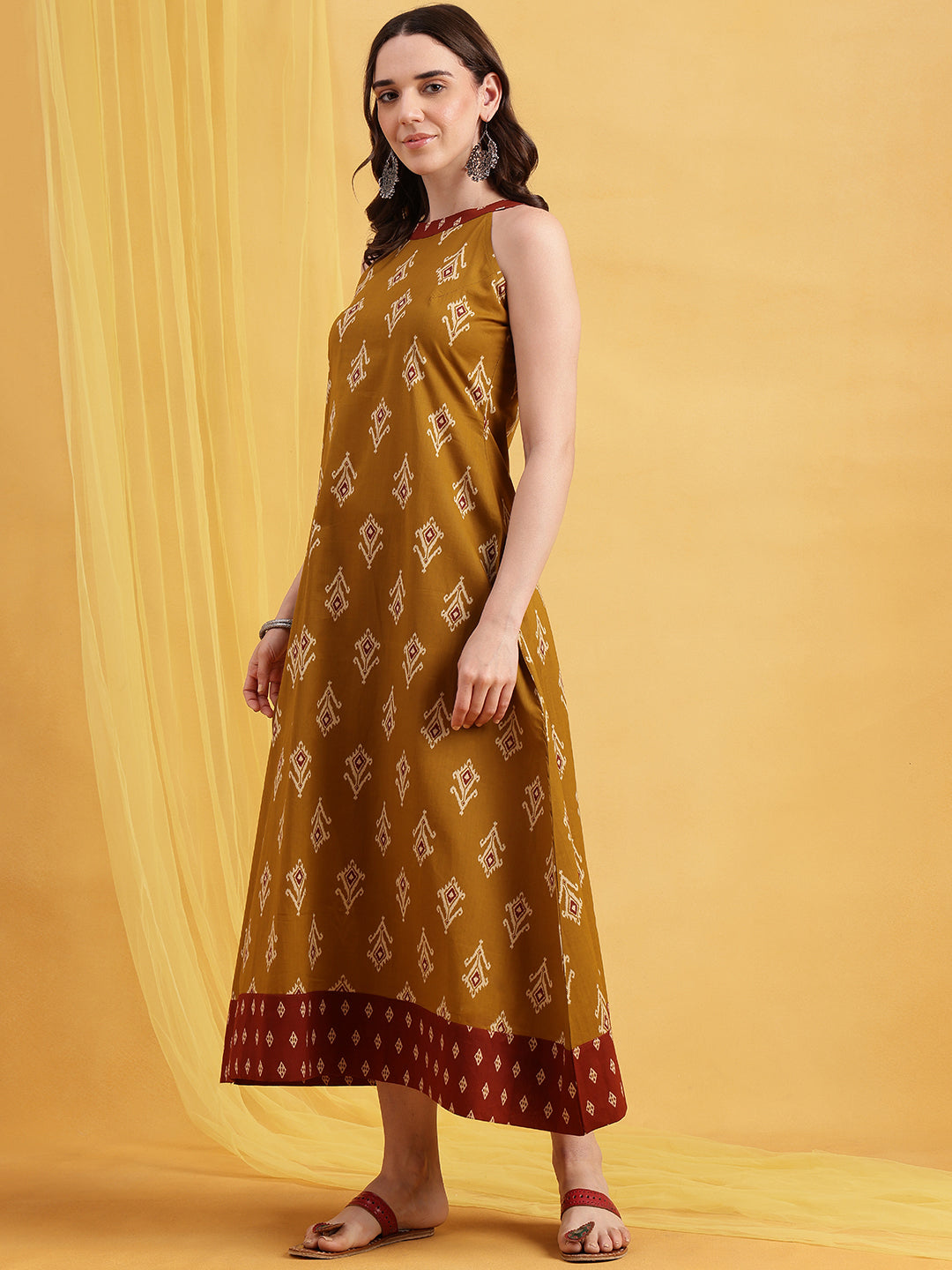 Mustard Geometric Fit & Flare Cotton Stitched Dress