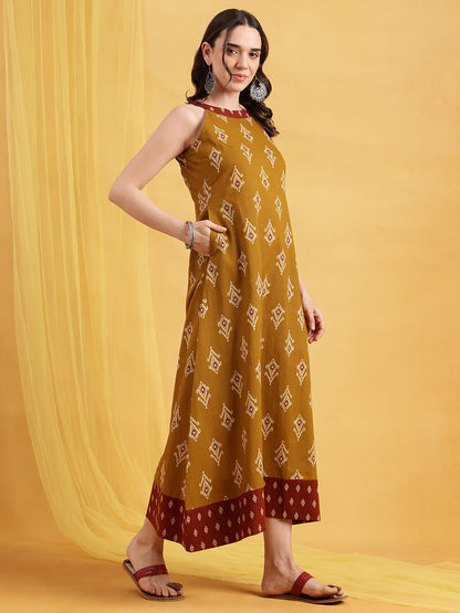 Mustard Geometric Fit & Flare Cotton Stitched Dress