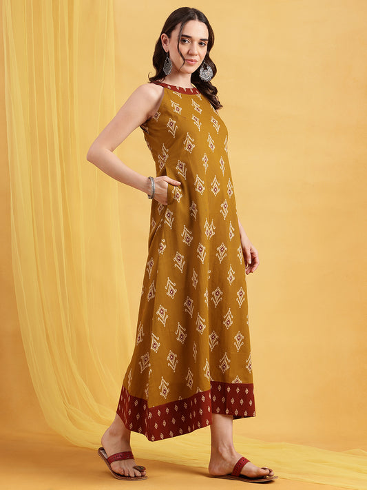 Mustard Geometric Fit & Flare Cotton Stitched Dress