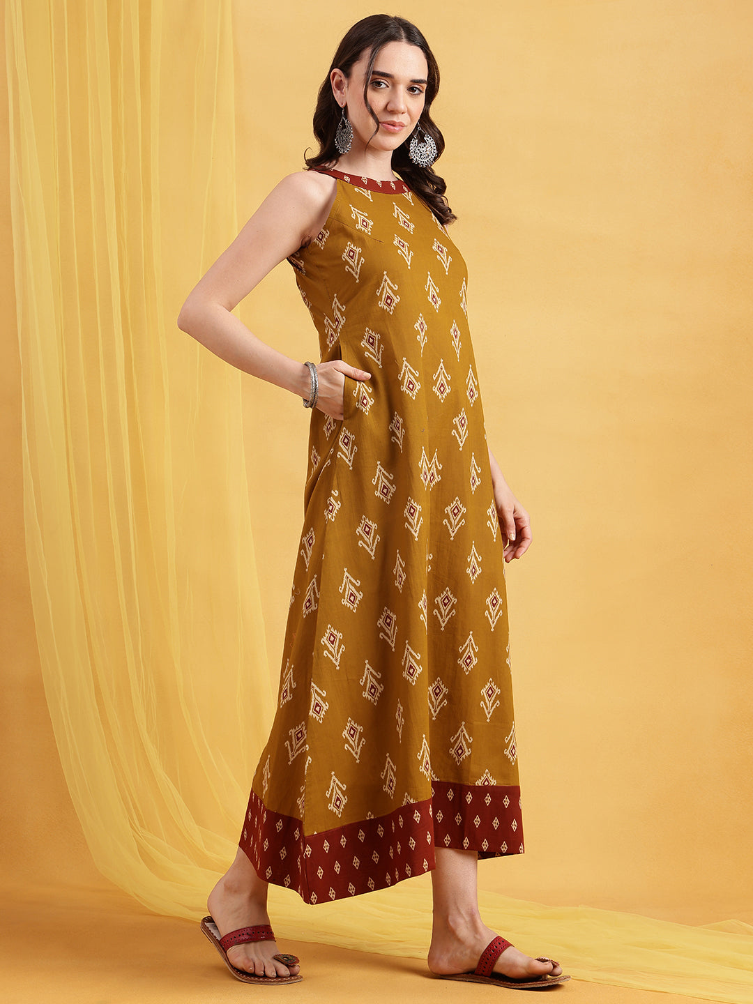 Mustard Geometric Fit & Flare Cotton Stitched Dress