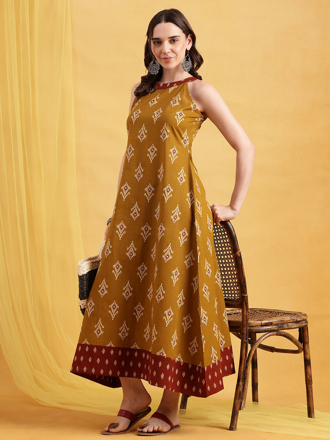 Mustard Geometric Fit & Flare Cotton Stitched Dress