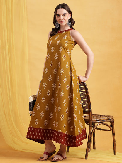 Mustard Geometric Fit & Flare Cotton Stitched Dress