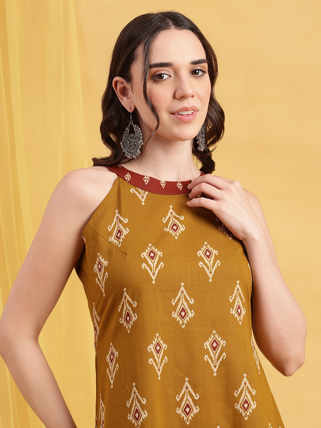 Mustard Geometric Fit & Flare Cotton Stitched Dress