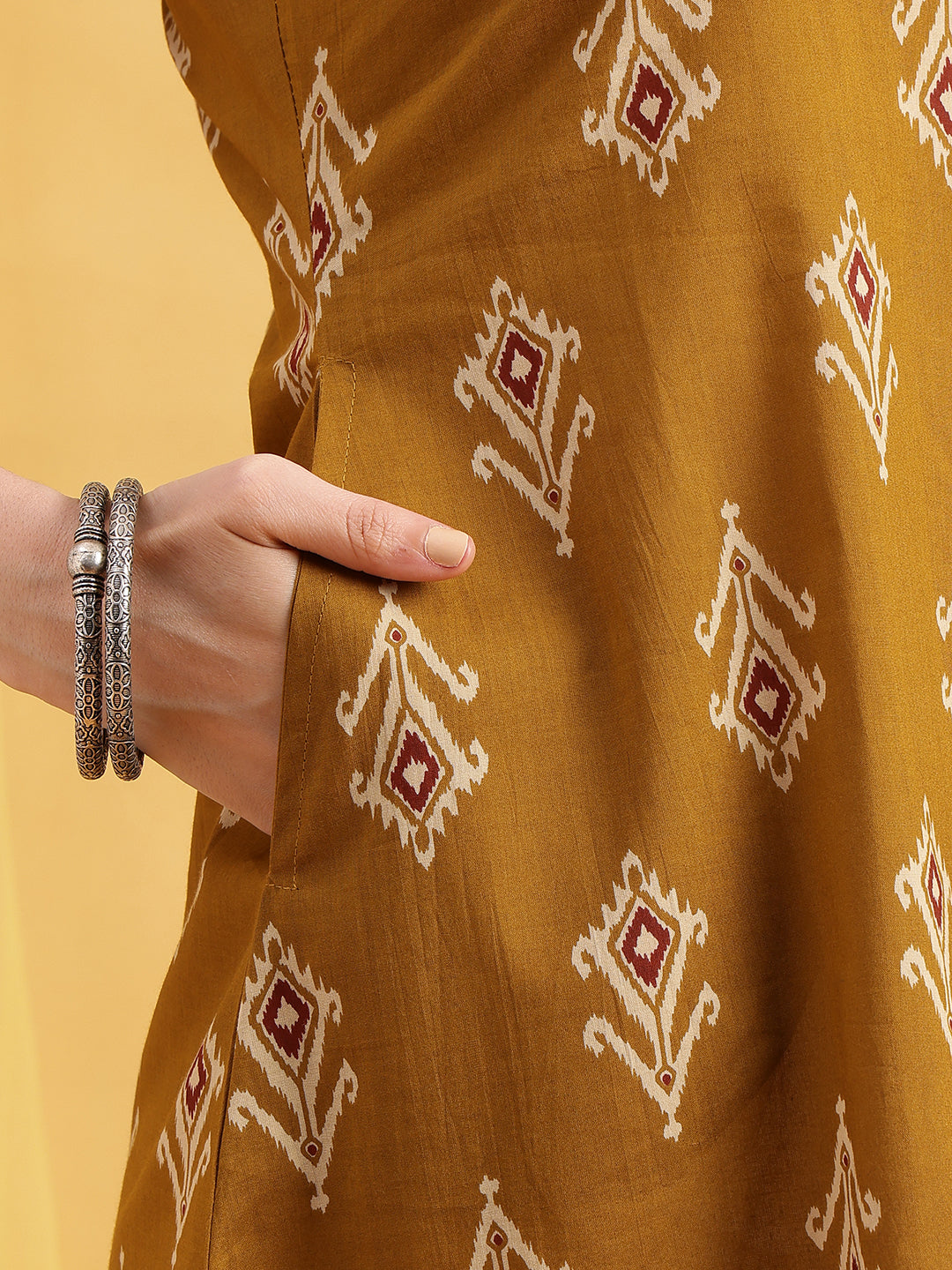 Mustard Geometric Fit & Flare Cotton Stitched Dress
