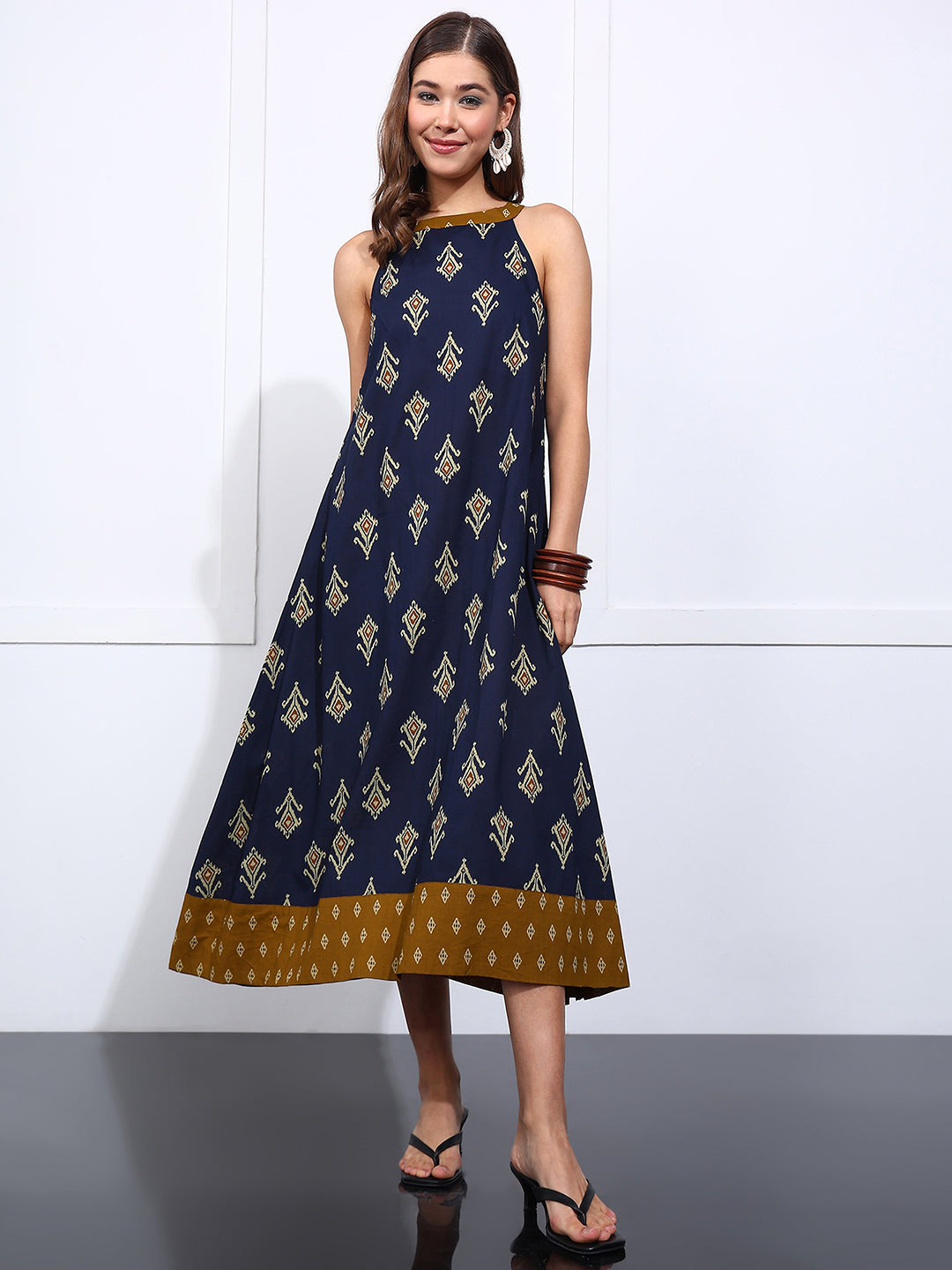 Blue Geometric Fit & Flare Cotton Stitched Dress