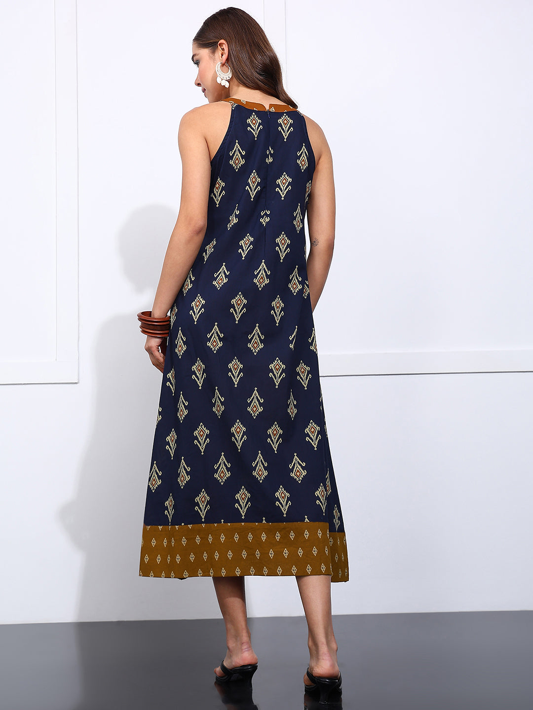 Blue Geometric Fit & Flare Cotton Stitched Dress