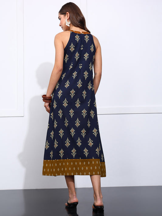 Blue Geometric Fit & Flare Cotton Stitched Dress