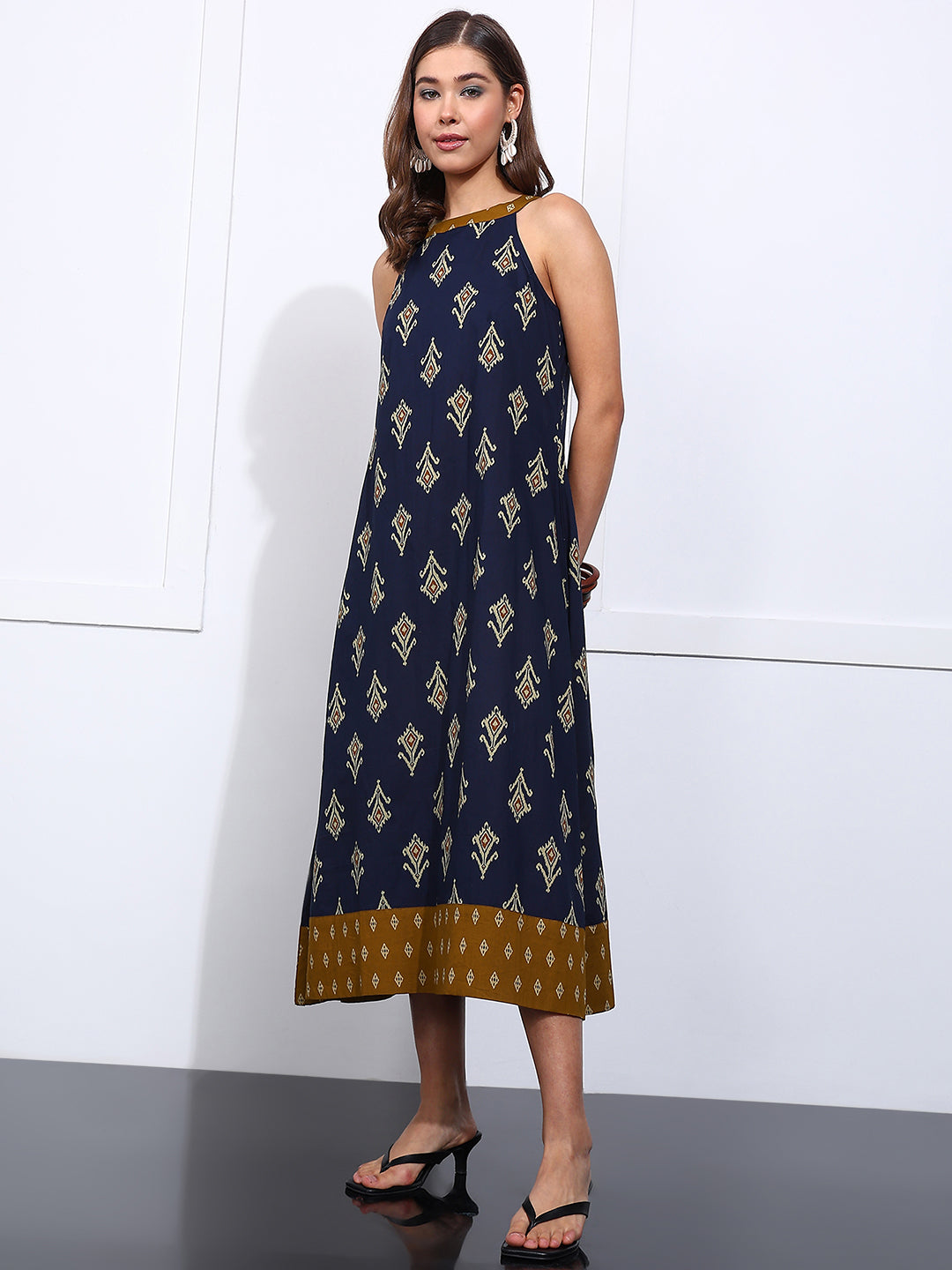 Blue Geometric Fit & Flare Cotton Stitched Dress