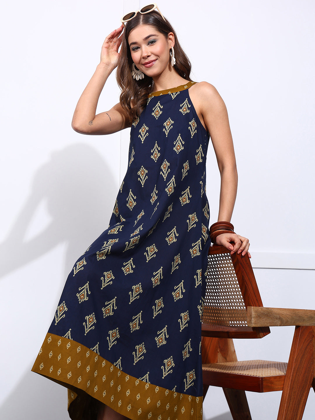Blue Geometric Fit & Flare Cotton Stitched Dress