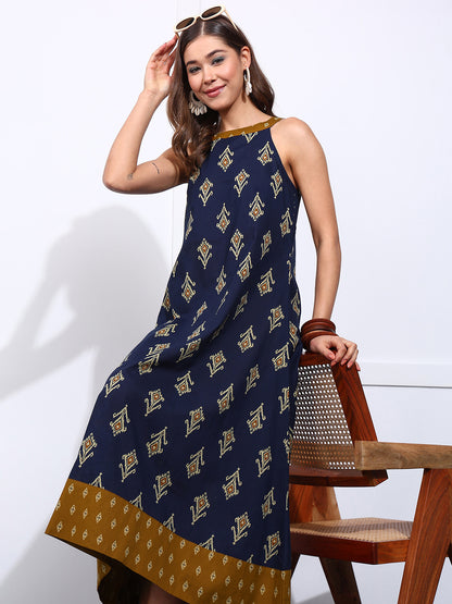 Blue Geometric Fit & Flare Cotton Stitched Dress