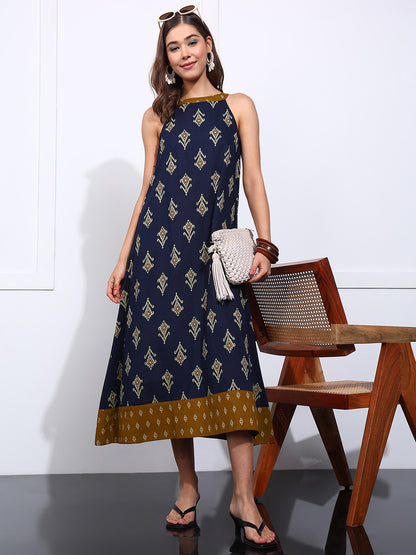 Blue Geometric Fit & Flare Cotton Stitched Dress