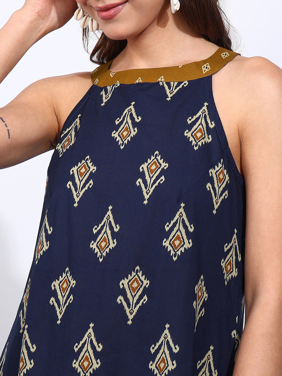 Blue Geometric Fit & Flare Cotton Stitched Dress