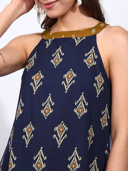 Blue Geometric Fit & Flare Cotton Stitched Dress