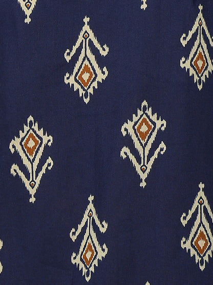 Blue Geometric Fit & Flare Cotton Stitched Dress