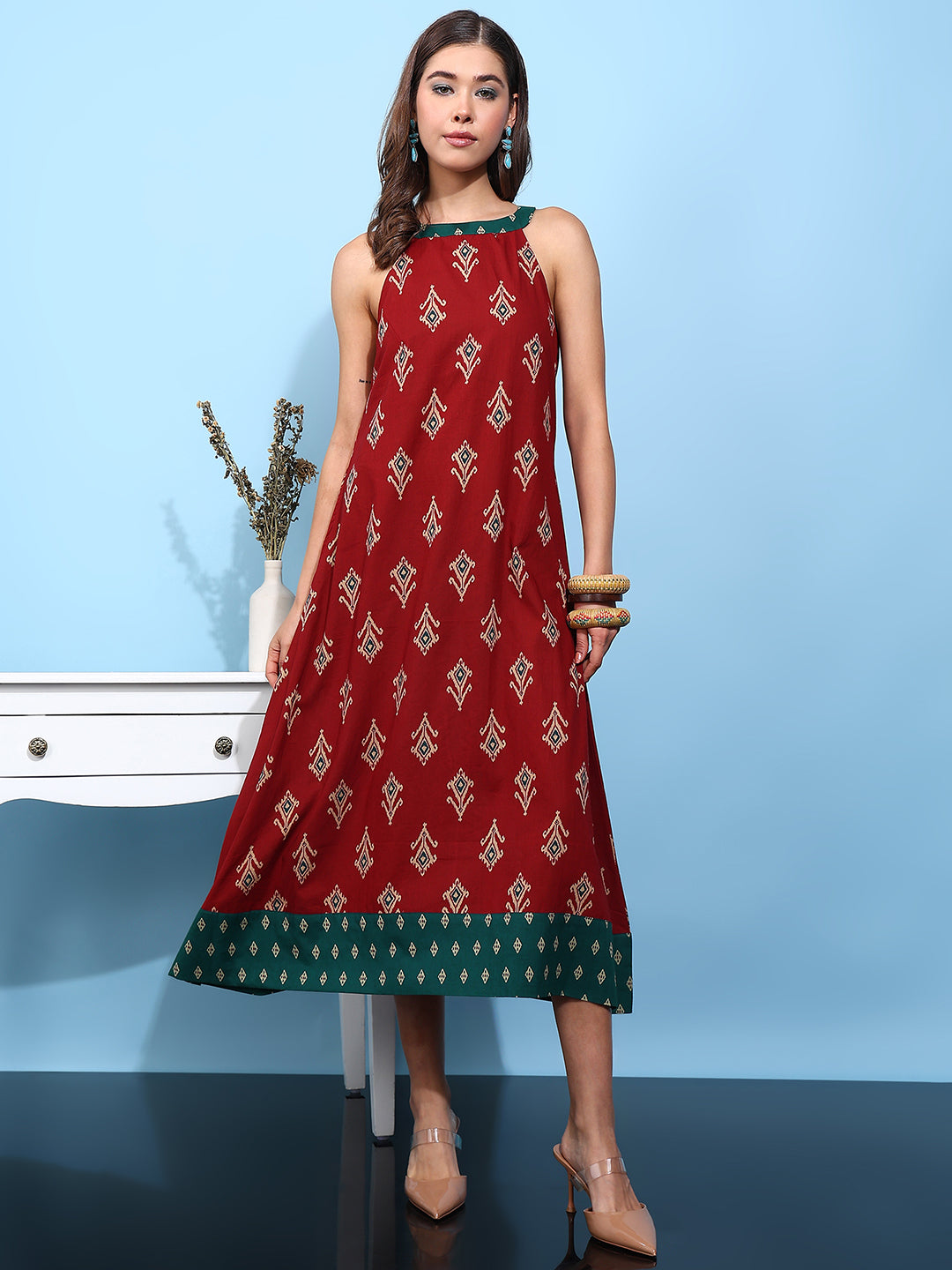 Red Geometric Fit & Flare Cotton Stitched Dress