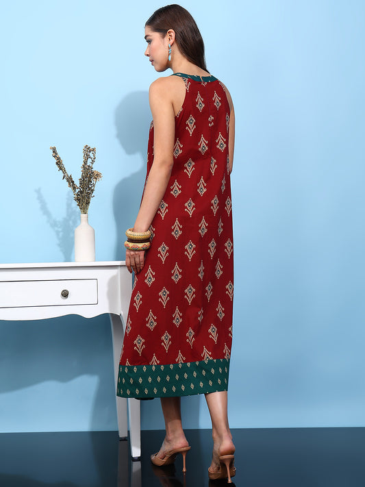 Red Geometric Fit & Flare Cotton Stitched Dress