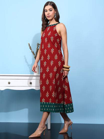 Red Geometric Fit & Flare Cotton Stitched Dress