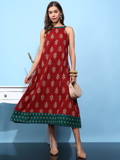 Red Geometric Fit & Flare Cotton Stitched Dress