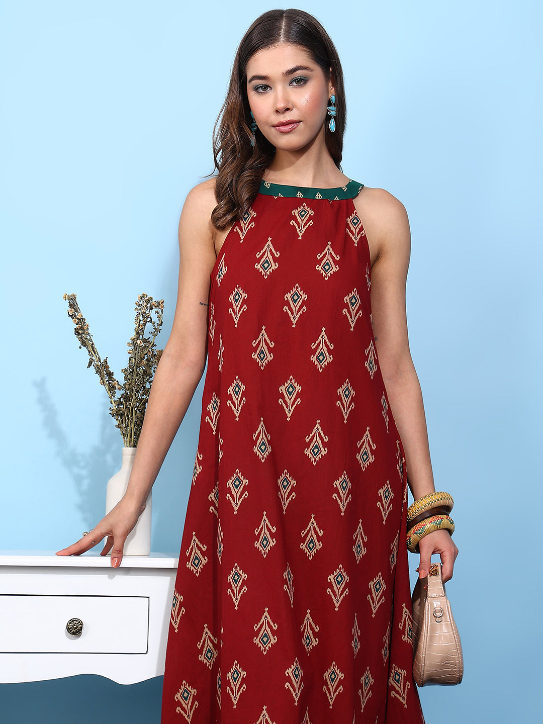Red Geometric Fit & Flare Cotton Stitched Dress