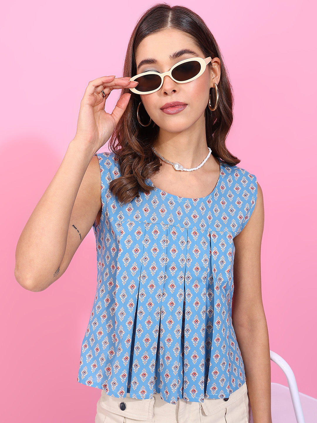 Sky Blue Geometric Fit & Flare Cotton Stitched Top