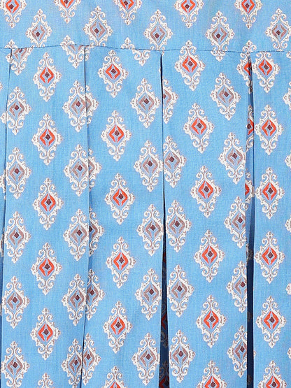 Sky Blue Geometric Fit & Flare Cotton Stitched Top