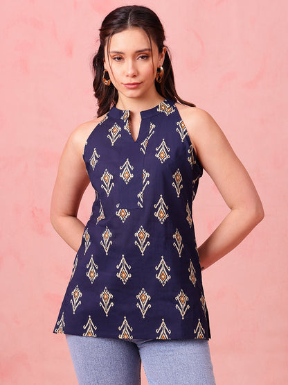 Navy Blue Ikkat Straight Cotton Stitched Tunic