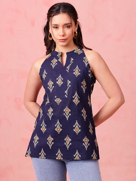 Navy Blue Ikkat Straight Cotton Stitched Tunic