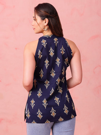 Navy Blue Ikkat Straight Cotton Stitched Tunic