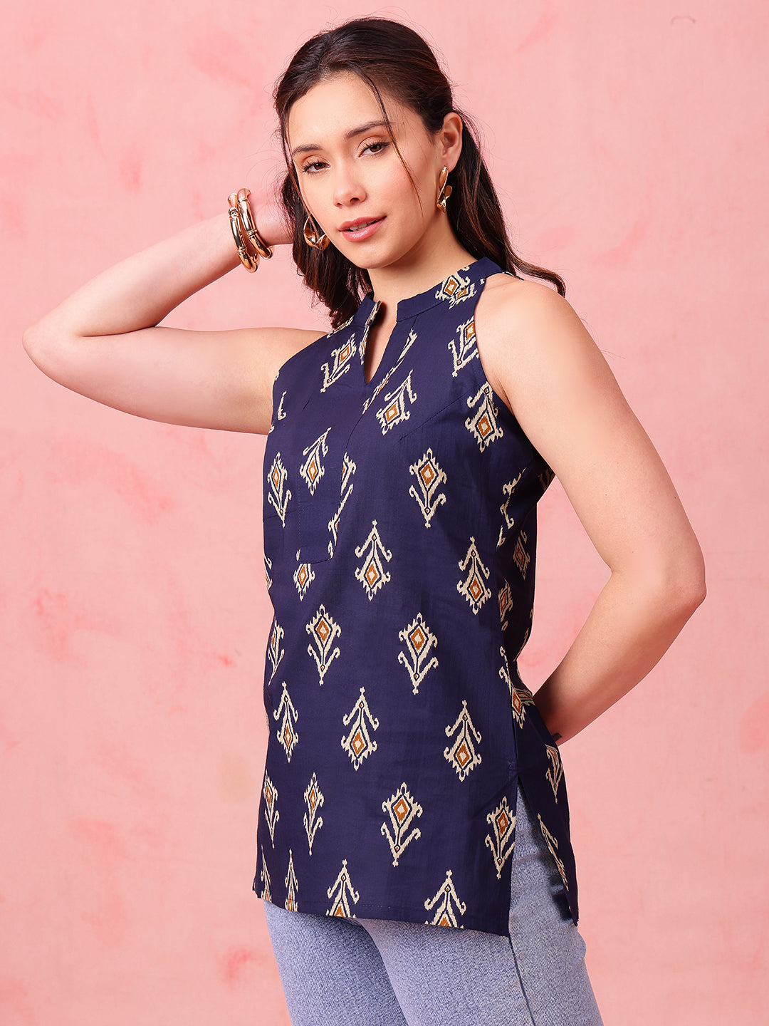 Navy Blue Ikkat Straight Cotton Stitched Tunic