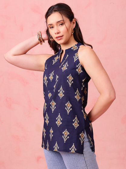 Navy Blue Ikkat Straight Cotton Stitched Tunic