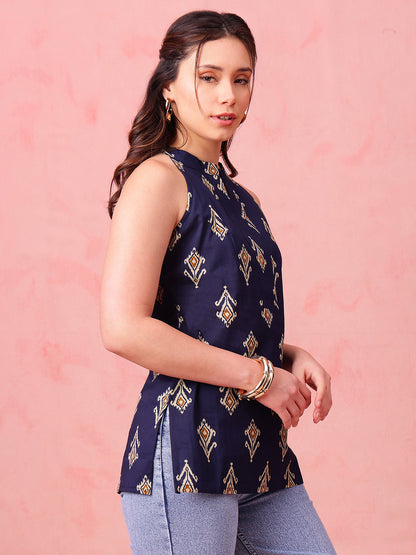 Navy Blue Ikkat Straight Cotton Stitched Tunic