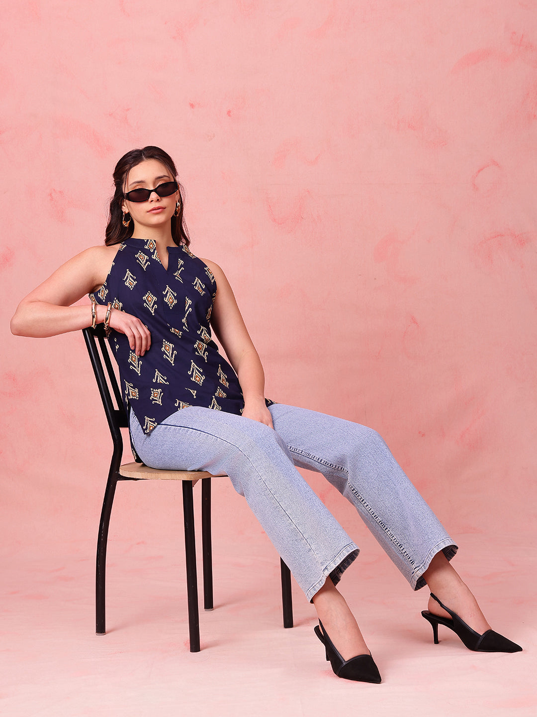 Navy Blue Ikkat Straight Cotton Stitched Tunic