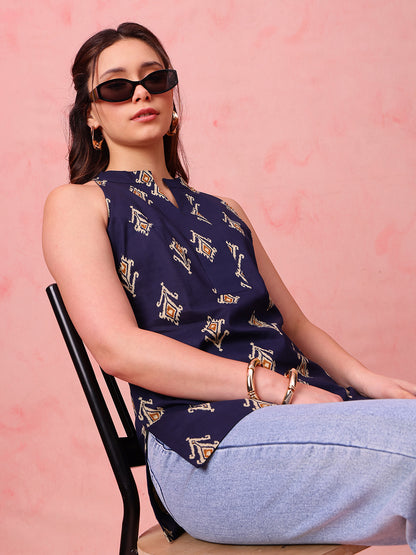 Navy Blue Ikkat Straight Cotton Stitched Tunic