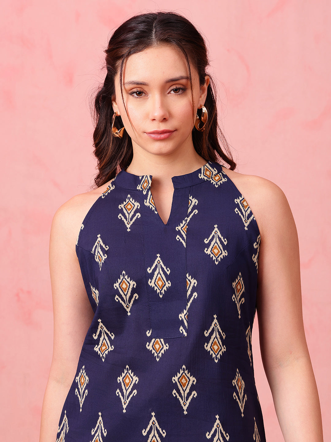 Navy Blue Ikkat Straight Cotton Stitched Tunic