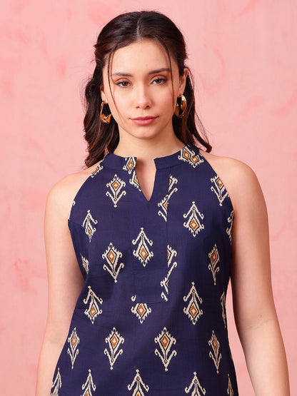 Navy Blue Ikkat Straight Cotton Stitched Tunic