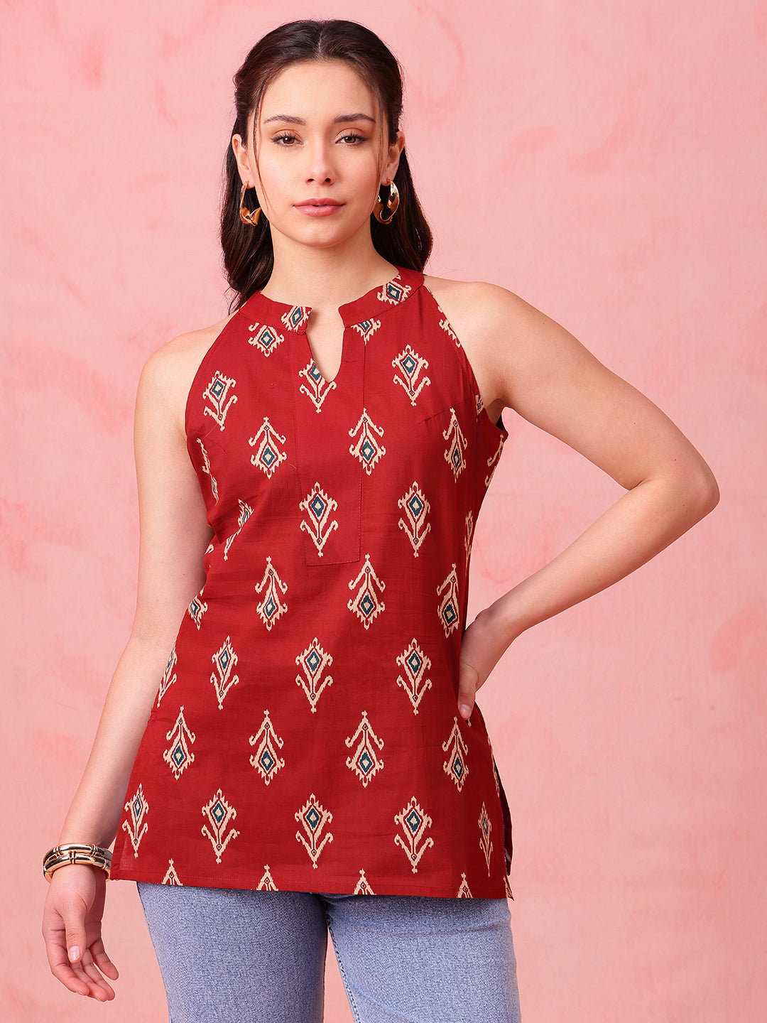 Maroon Ikkat Straight Cotton Stitched Tunic