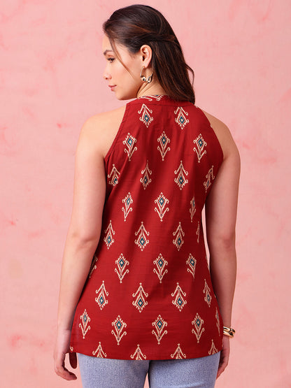 Maroon Ikkat Straight Cotton Stitched Tunic