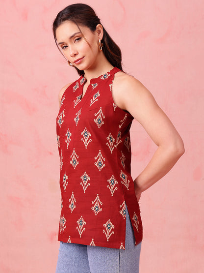 Maroon Ikkat Straight Cotton Stitched Tunic