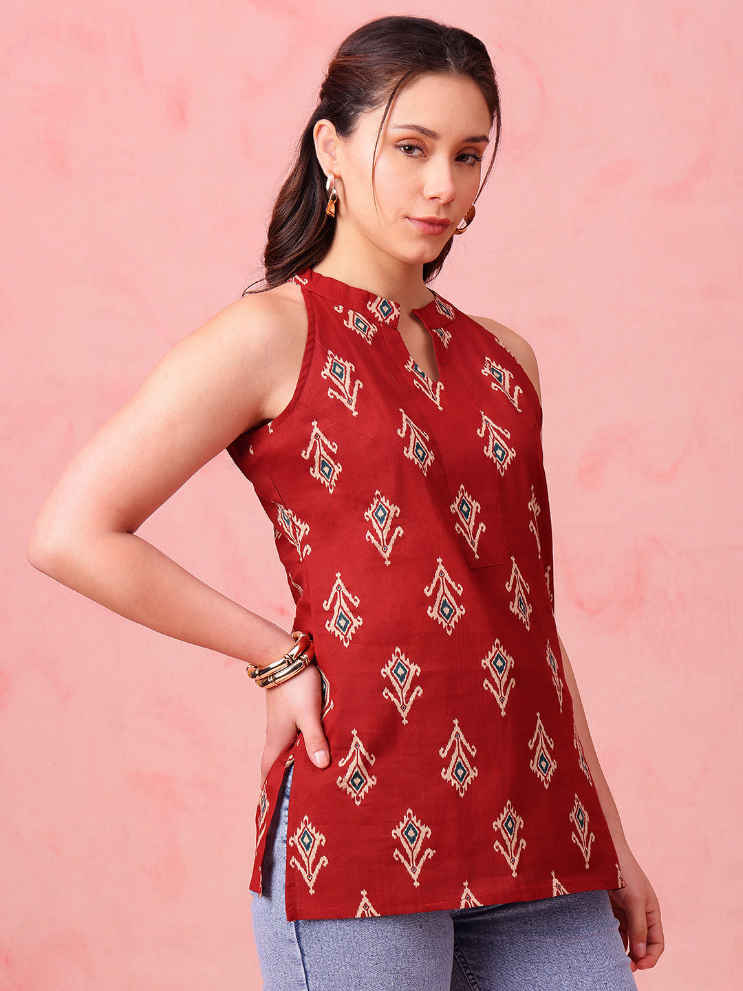 Maroon Ikkat Straight Cotton Stitched Tunic