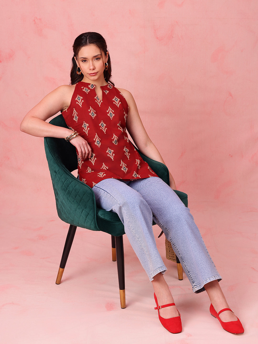 Maroon Ikkat Straight Cotton Stitched Tunic